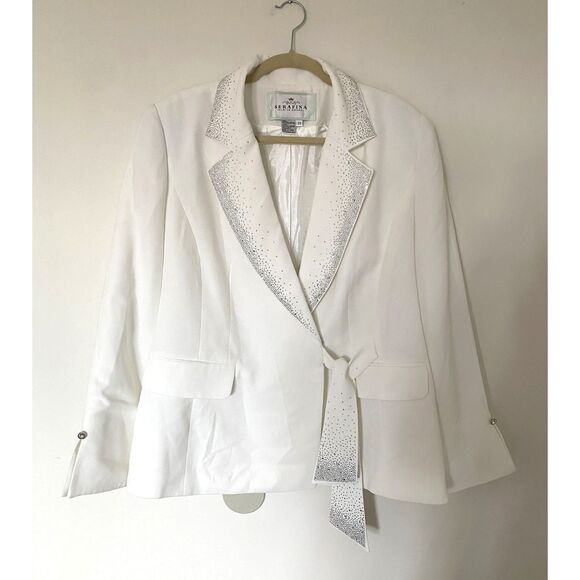 VTG Serafina White Sequin Rhinestone Embellished Snap Party Blazer Jacket Sz 20 - Picture 1 of 12